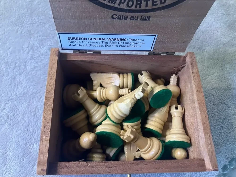 Imported Cafe au Lait Wooden Cigar Box w/ Vintage Chess Pieces